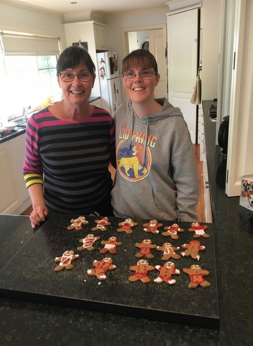 Leonie and a guest baking gingerbread together in the kitchen